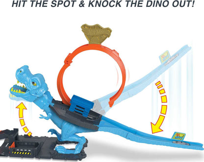 Hot Wheels City Racetrack featuring T-Rex Chomp Down with car stunt loop and toy car in 1:64 scale for ages 4 and up.