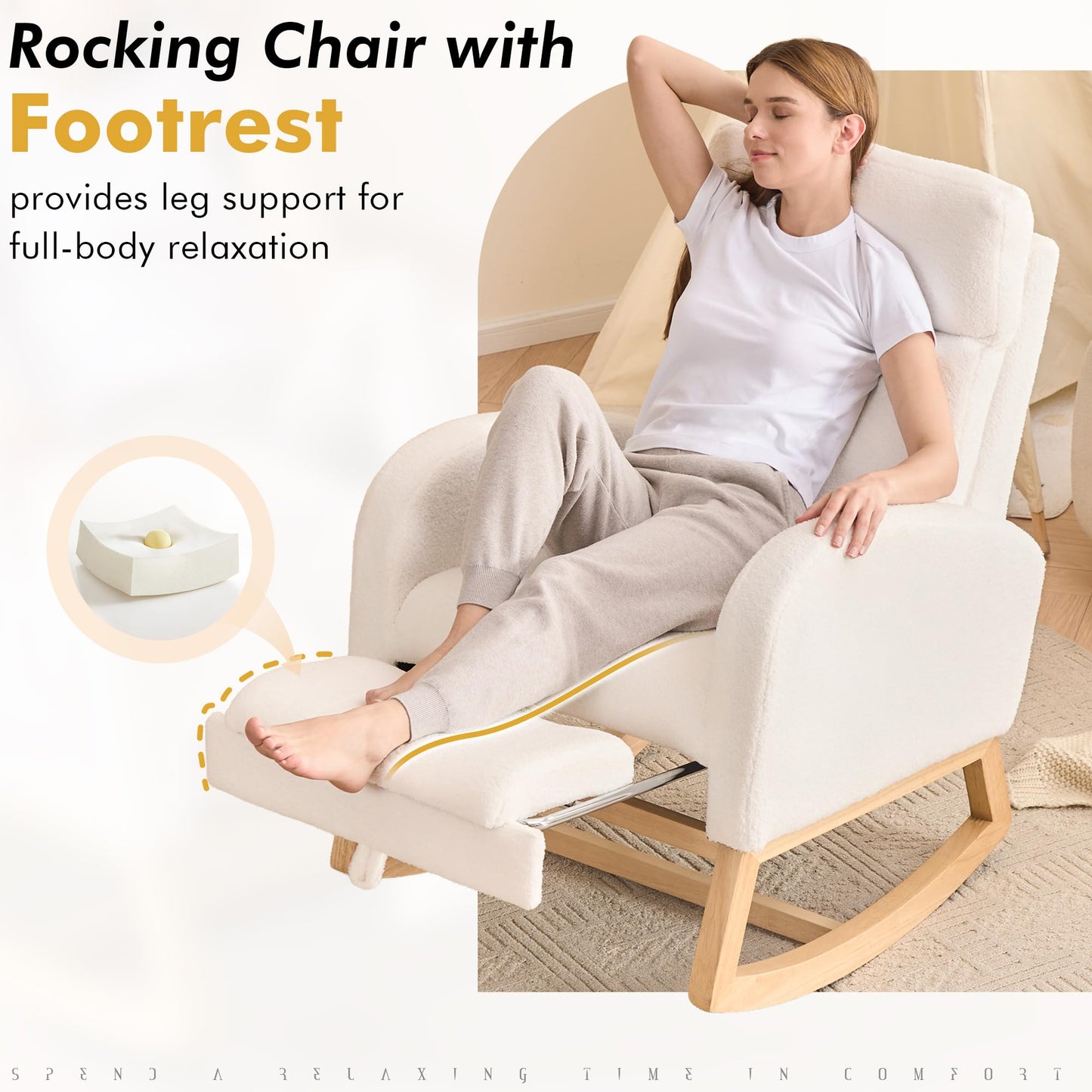 DEKKETO Rocking Chair with Footrest and Headrest, Teddy Wooden Nursing Chairs for adults with Extra Wide Seat and Large Side Pocket, Ergonomic Support for Nursery, Living Room, Ivory