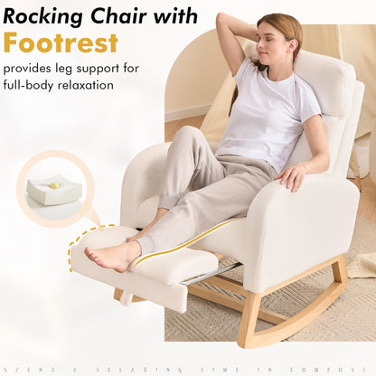 DEKKETO Rocking Chair with Footrest and Headrest, Teddy Wooden Nursing Chairs for adults with Extra Wide Seat and Large Side Pocket, Ergonomic Support for Nursery, Living Room, Ivory