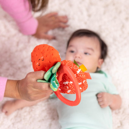 Melissa & Doug multi-sensory peek-a-boo berry travel toy with colorful fabric and attached clips for infants 0-12 months.