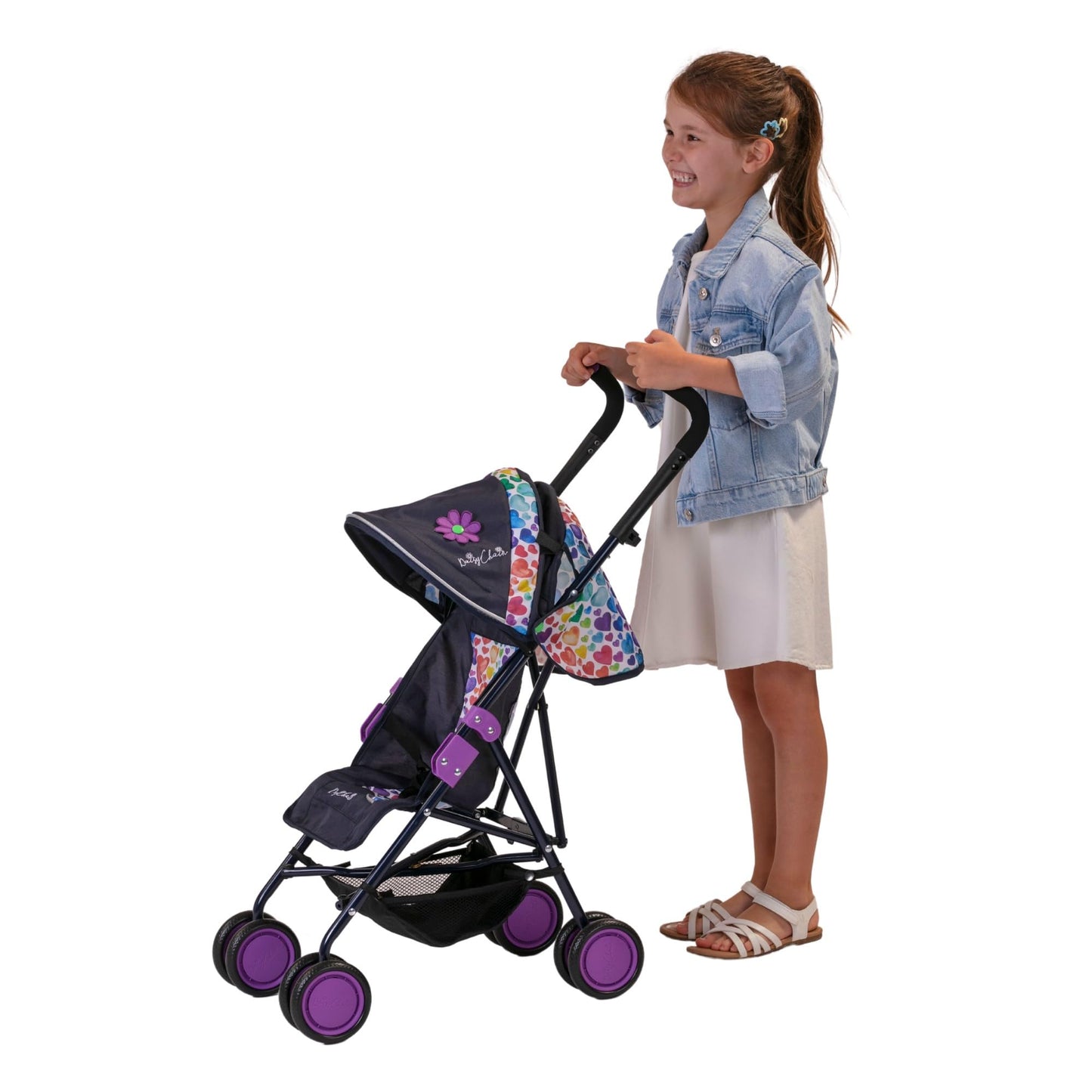 Daisy Chain Zipp Max Dolls Pushchair – Adjustable handles from 76-82cm. For children of 4, 5, 6, 7, 8 or 9 years. (Rainbow Hearts)