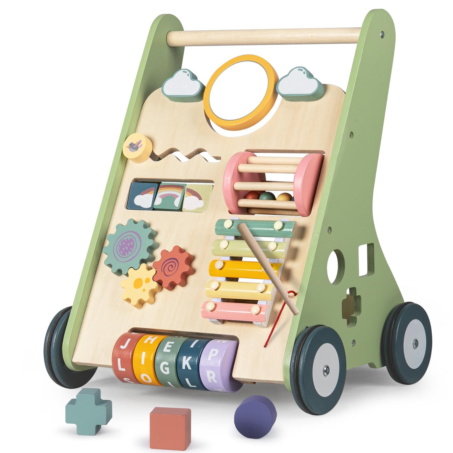 Colorful Bautia wooden baby walker with shape toys, mirror, and phrases, designed for 1-2 year old boys and girls to promote learning.