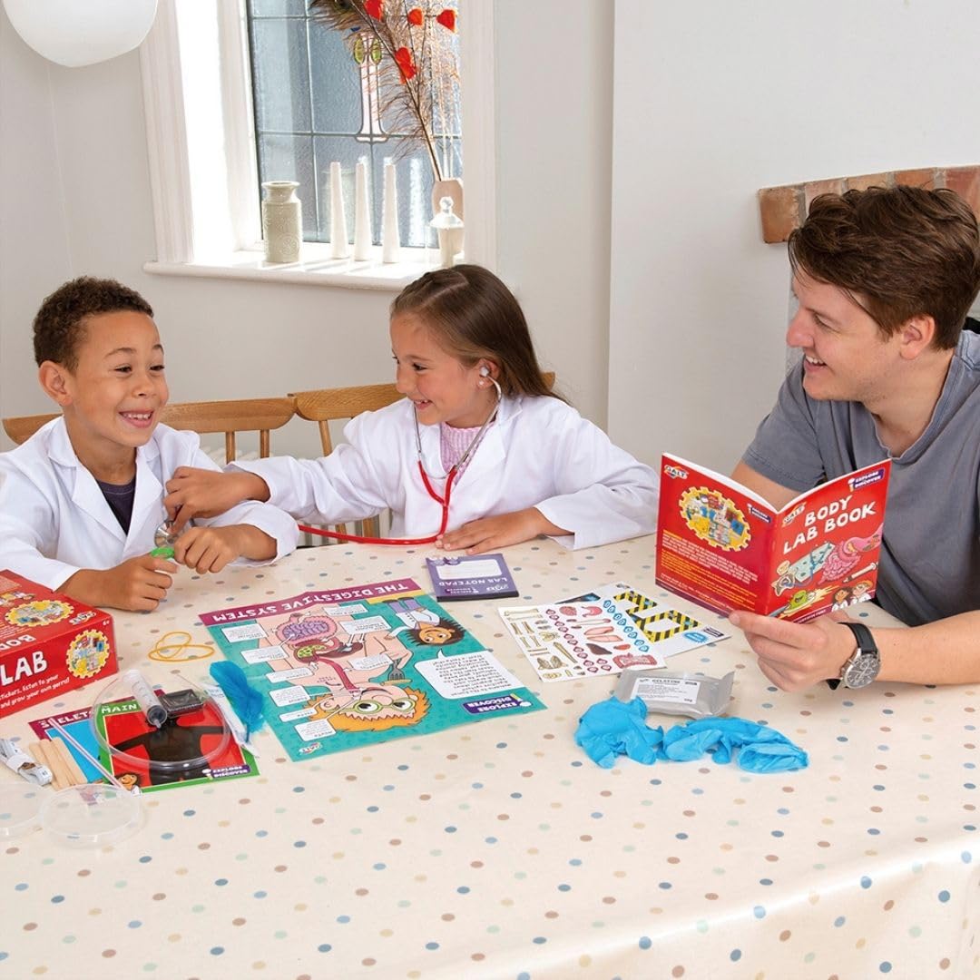 Galt Body Lab science kit with stethoscope, petri dishes, magnifying glass, and experiment tools for kids age 6+ in educational STEM set.