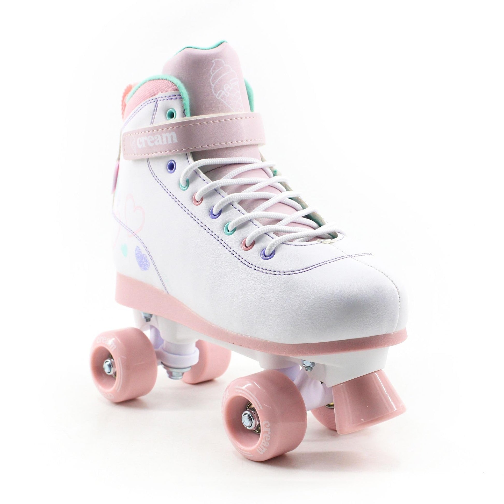 Cream Scoop Kids adjustable quad roller skates with white and pink hearts, four-wheel design, suitable for boys and girls.