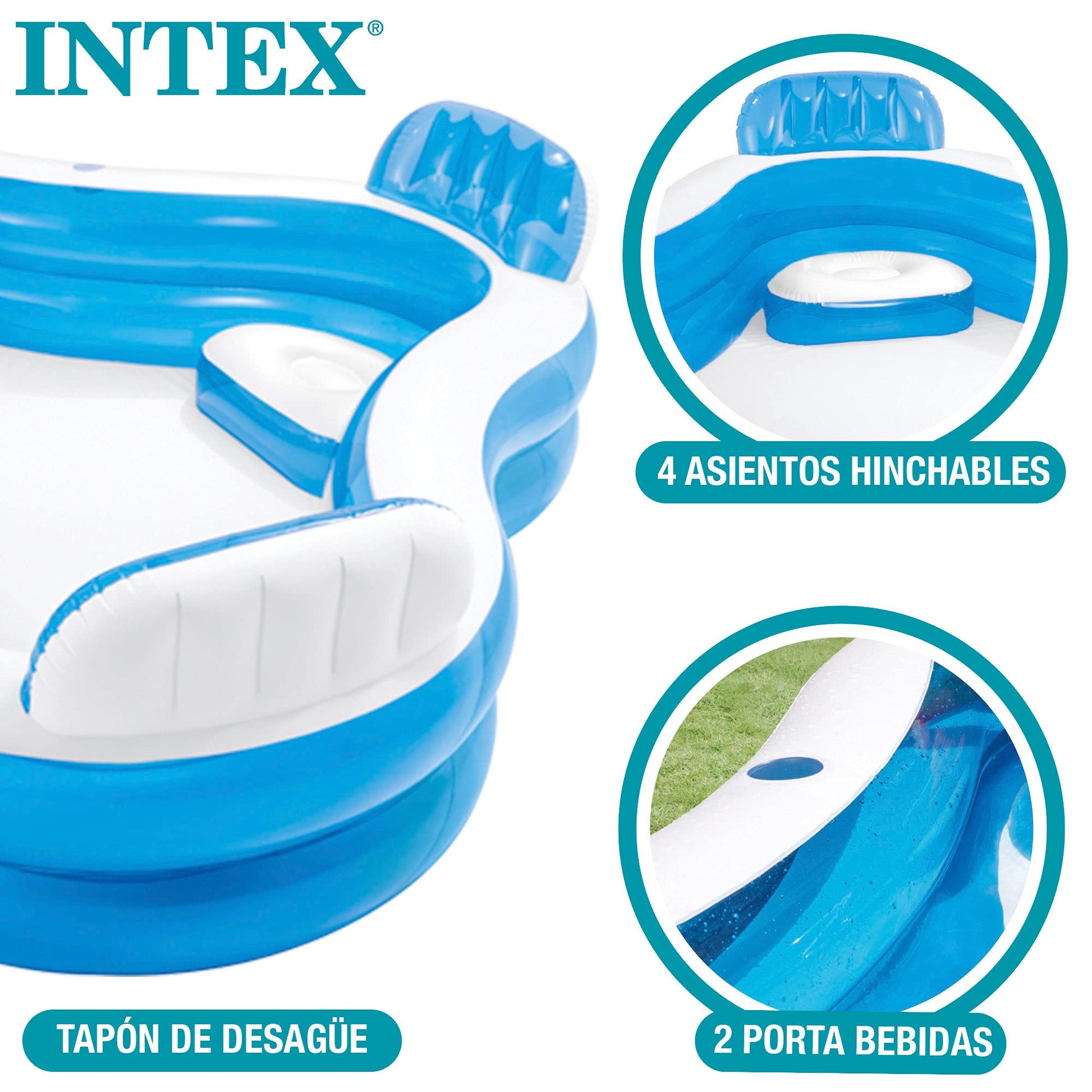 Intex Inflatable Swim Center Family Lounge, colorful design, 90 x 90 x 26 inches, perfect for family fun in the pool.