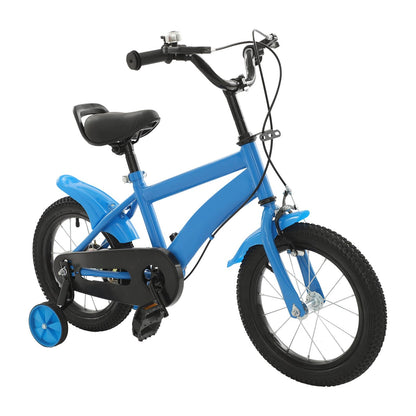 Blue 14-inch kids' sport bike by Eieblek with stabilizers, bell, fenders, adjustable seat and armrests, suitable for boys and girls.
