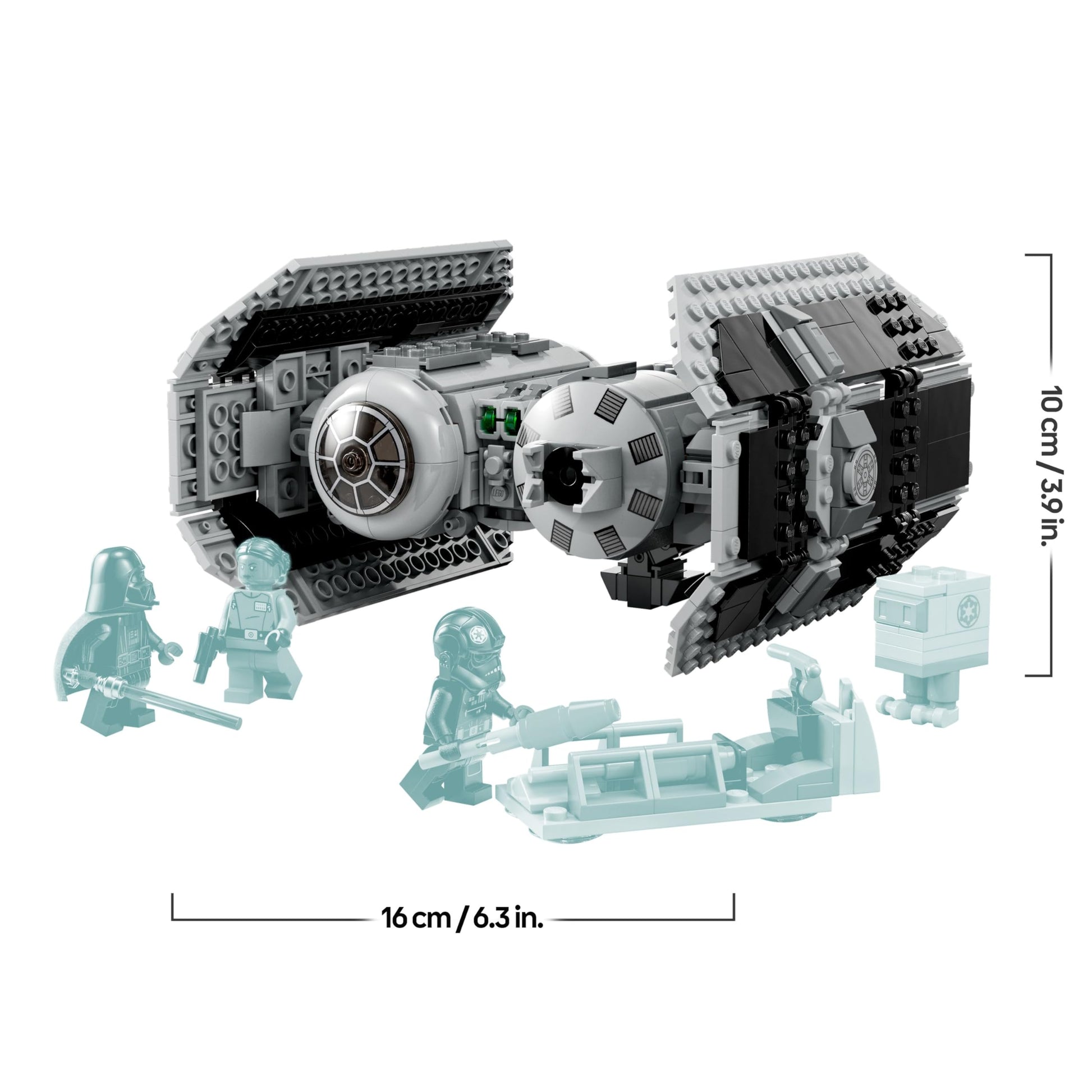 LEGO Star Wars 75347 TIE Bomber model with Darth Vader minifigure and Gonk Droid, featuring torpedo-dropping function.