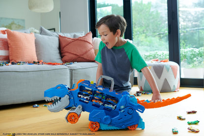 Hot Wheels City Toy Car Track Set, Ultimate T-Rex Transporter, Hauler Transforms into Stomping Dino with Race Track, From Netflix Series “Let’s Race”, HNG50