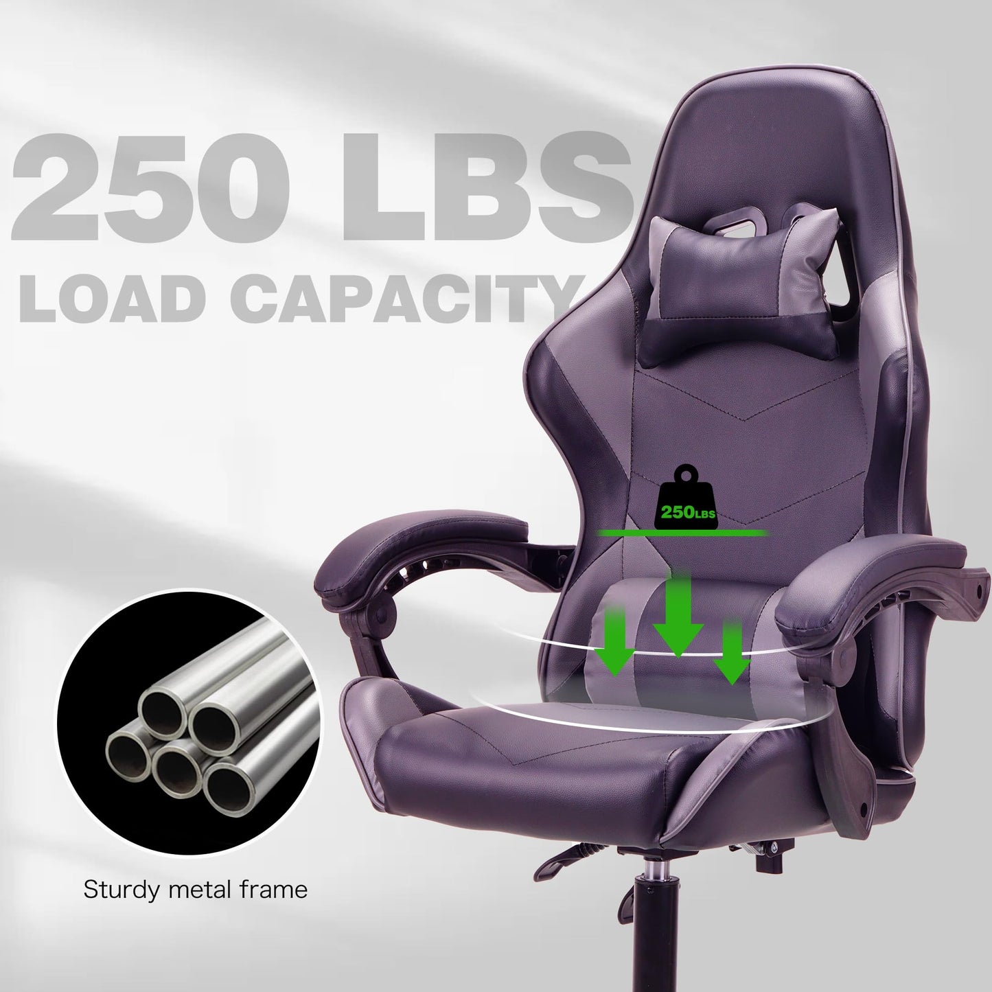 Gray T-THREE ergonomic high-back gaming and office chair with adjustable lumbar and headrest support, swivel design, and 150kg capacity.