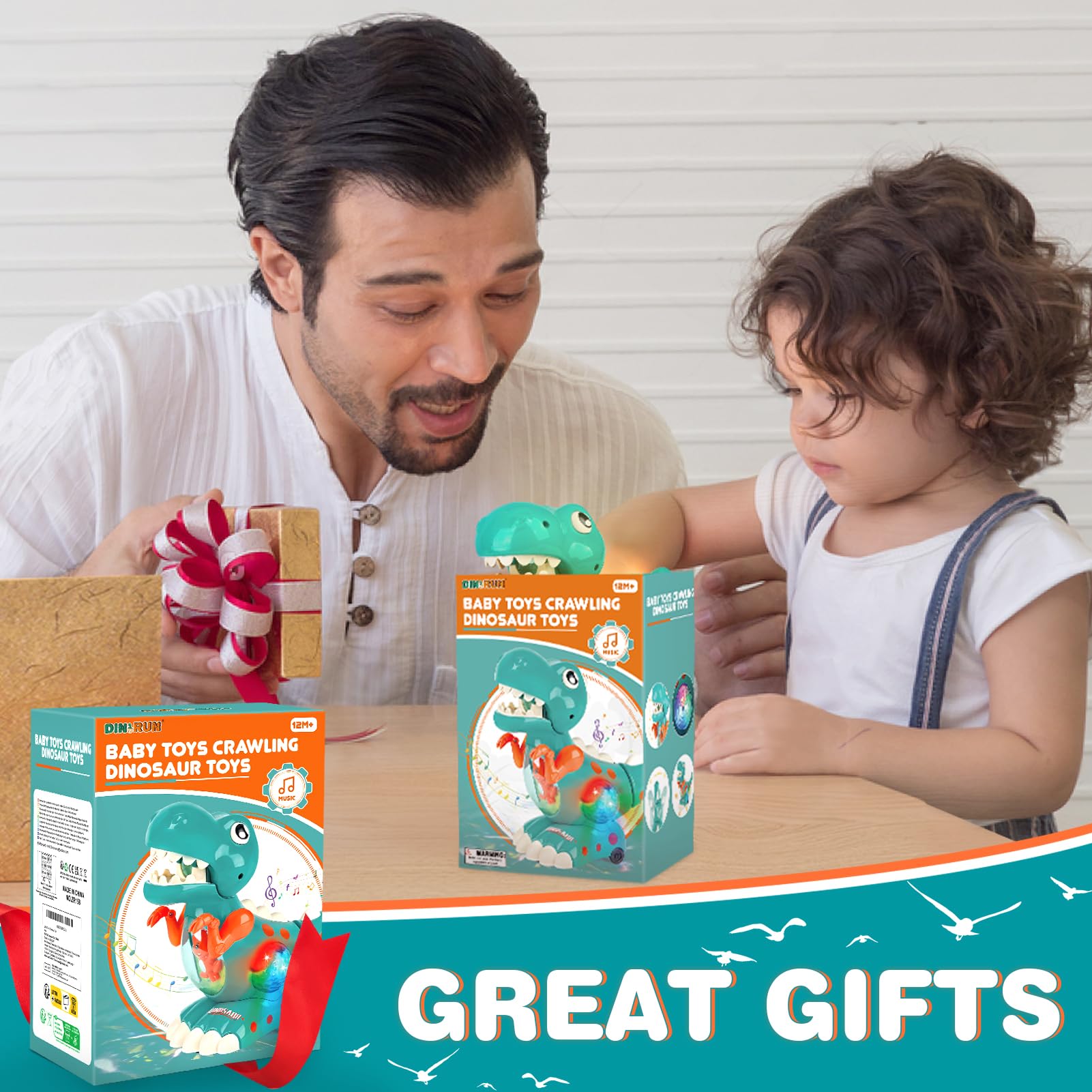 Colorful DINORUN dinosaur toy with lights and sounds, designed for crawling and walking for babies and toddlers.