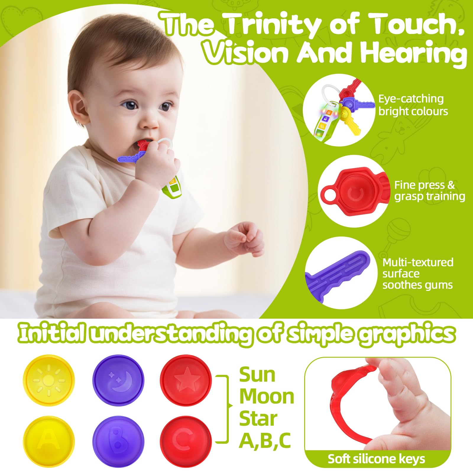 Green baby teething toy shaped like car keys with lights and music, promoting sensory learning and fine motor skills for infants and toddlers.