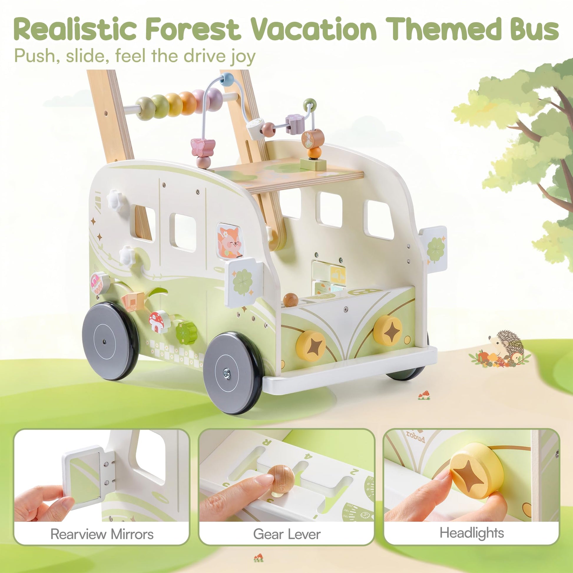 ROBOTIME wooden baby walker with green animal design, adjustable height, wheels, and speed control for toddlers aged 10-36 months.