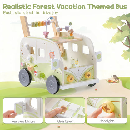 ROBOTIME wooden baby walker with green animal design, adjustable height, wheels, and speed control for toddlers aged 10-36 months.