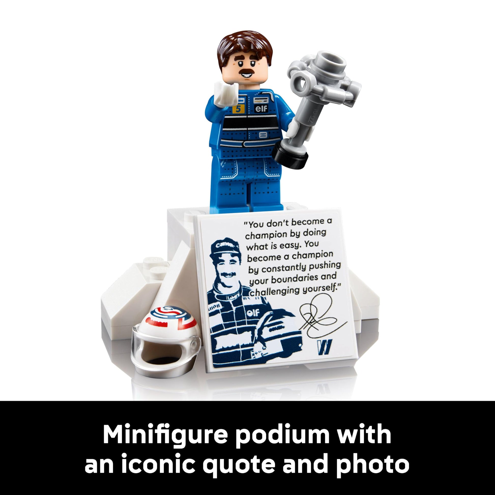 LEGO Icons F1 car model FW14B with Nigel Mansell minifigure, trophy, and display stand for adult motorsports fans.