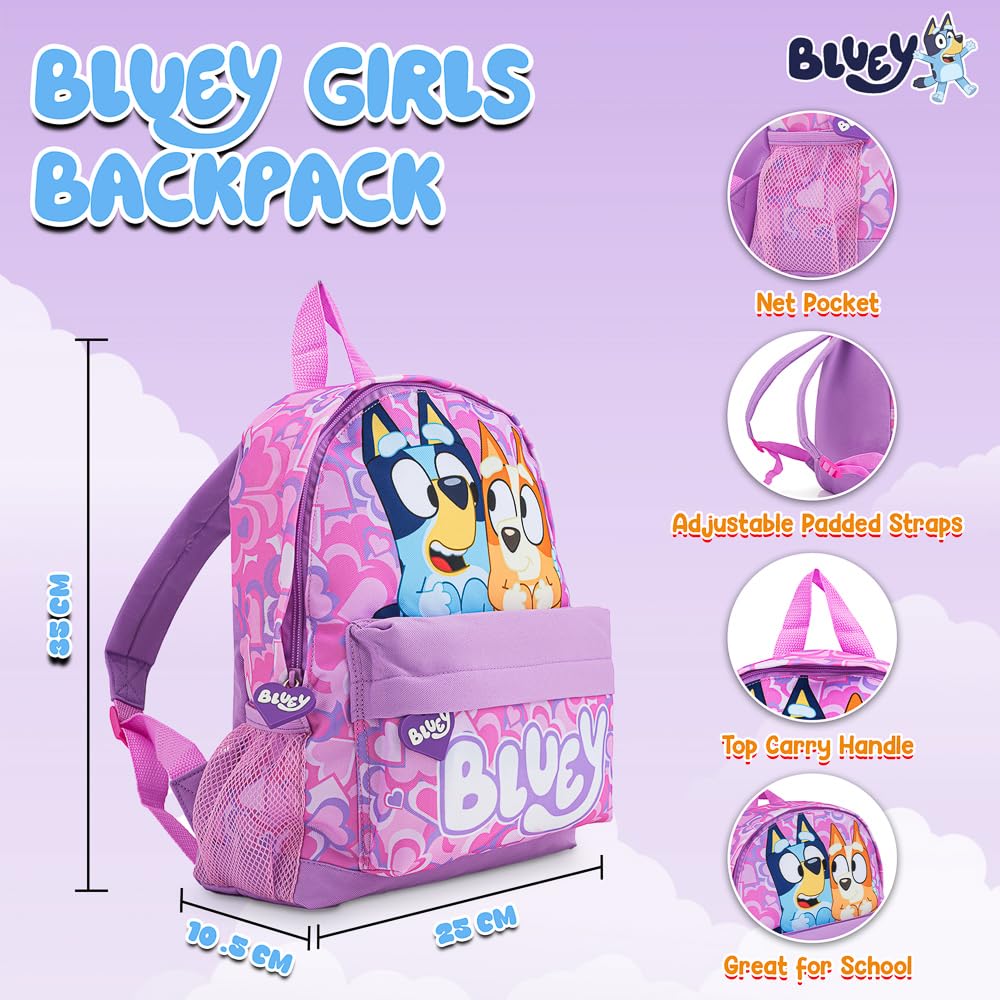 Bluey girls' lilac toddler backpack with heart print, kangaroo pocket, padded straps, featuring Bingo from Bluey for kids aged 2-7.