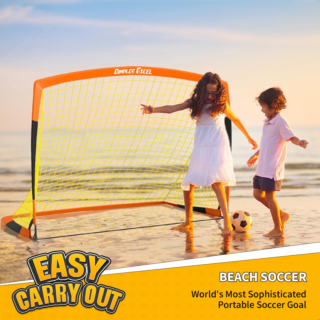 Dimples Excel pop-up football goal in black and orange, 5x3.6 feet, portable, foldable garden net for soccer practice and games.