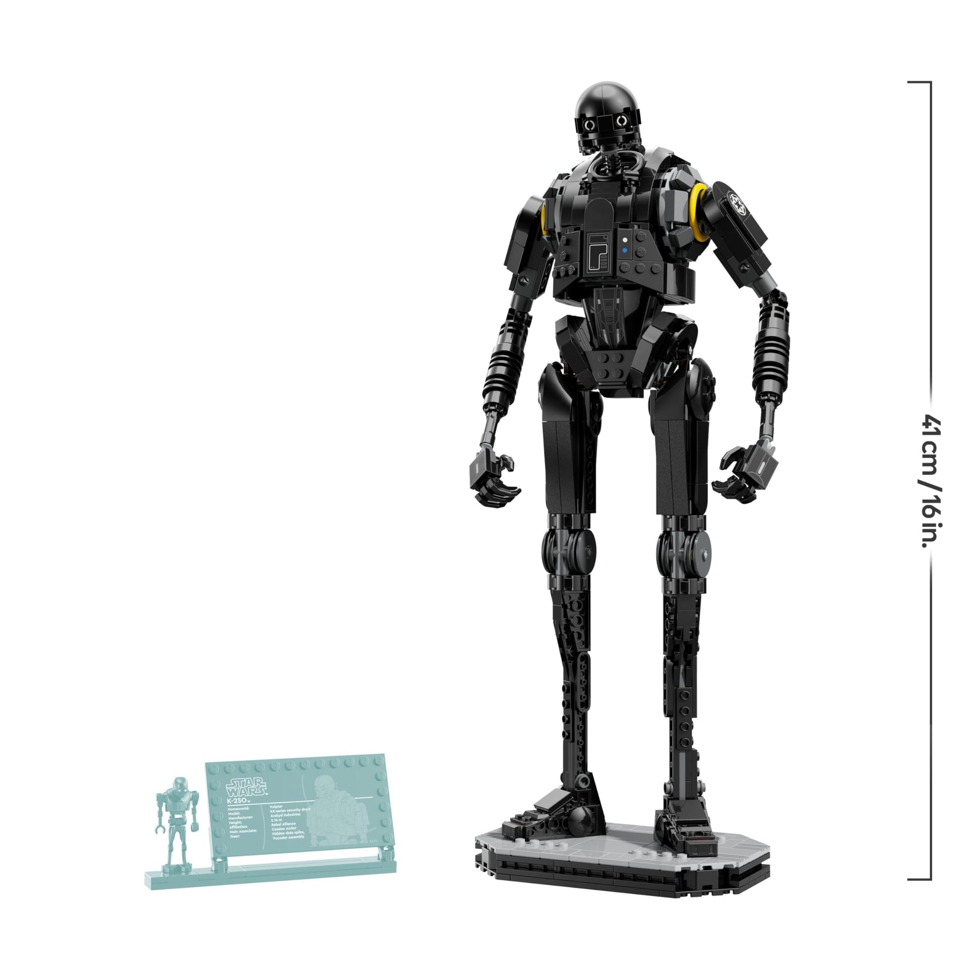 LEGO Star Wars 75434 K-2SO Security Droid figure, posable building toy with an information plaque, displayed on a stand.