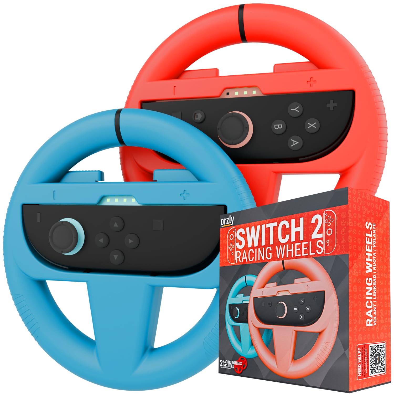 Orzly twin pack racing steering wheels for Nintendo Switch, featuring one red and one blue wheel compatible with Joy-Con controllers.