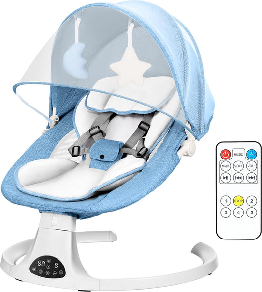 Baby Bouncer, Portable Electric Baby Swing with Bluetooth, 5 Swing Speed, 3-Stage Timer, 5-Point Harness, Remote Control & Touch Panel, Bouncer from Birth with 2 Soft Toys & Soft Pillow (Blue)