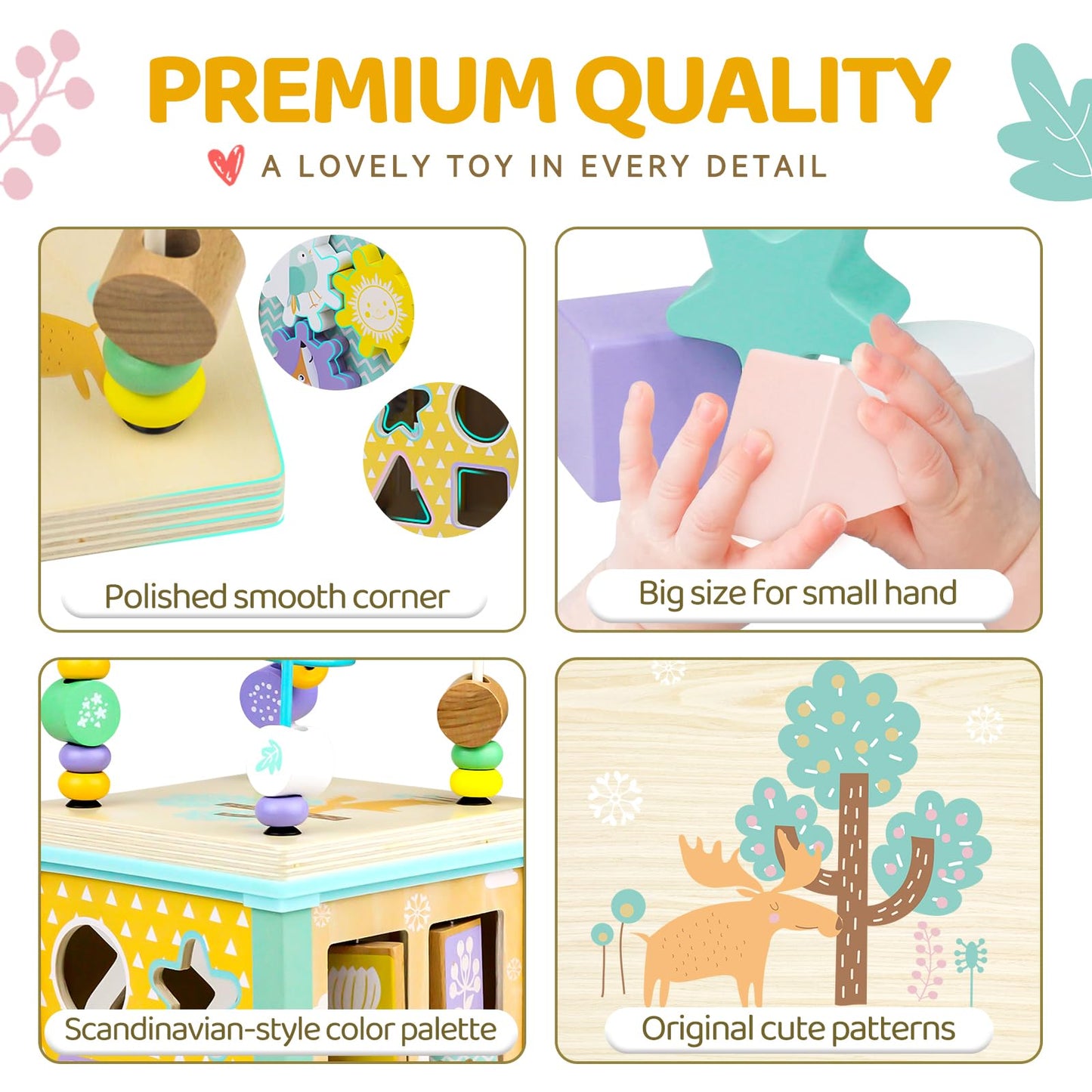 Alab wooden activity cube toy with bead maze, shape sorter, and sensory elements for toddlers learning and first birthday gifts.