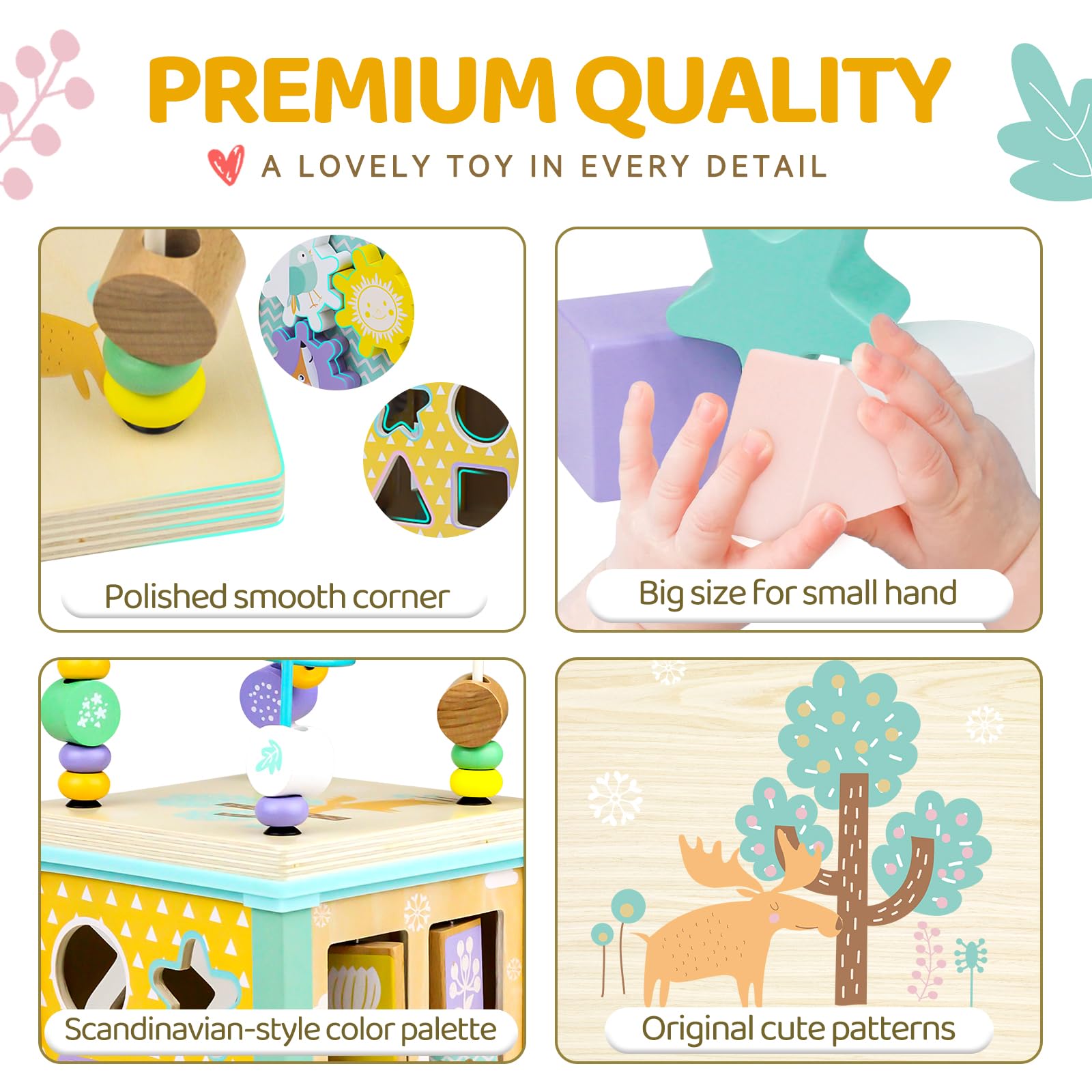 Alab wooden activity cube toy with bead maze, shape sorter, and sensory elements for toddlers learning and first birthday gifts.