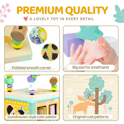 Alab wooden activity cube toy with bead maze, shape sorter, and sensory elements for toddlers learning and first birthday gifts.