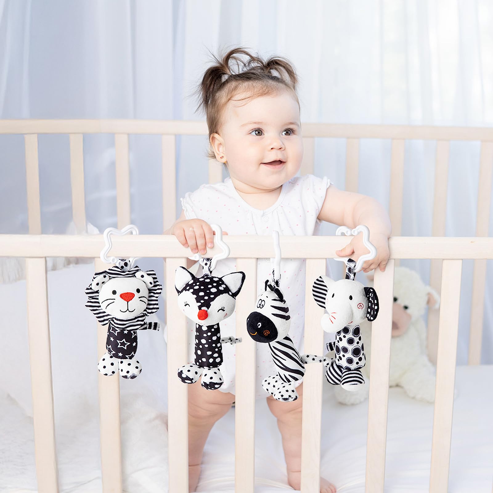 Growithu pram toys for babies 0-6 months, set of 4 black and white sensory hanging animal toys for car seat.