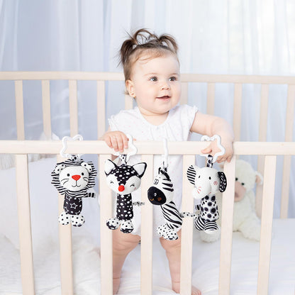 Growithu pram toys for babies 0-6 months, set of 4 black and white sensory hanging animal toys for car seat.