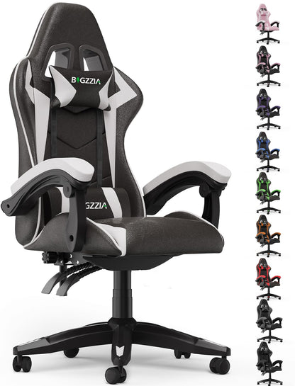 Bigzzia white ergonomic gaming and office chair with swivel, reclining back support, and cushioned seat for comfort.