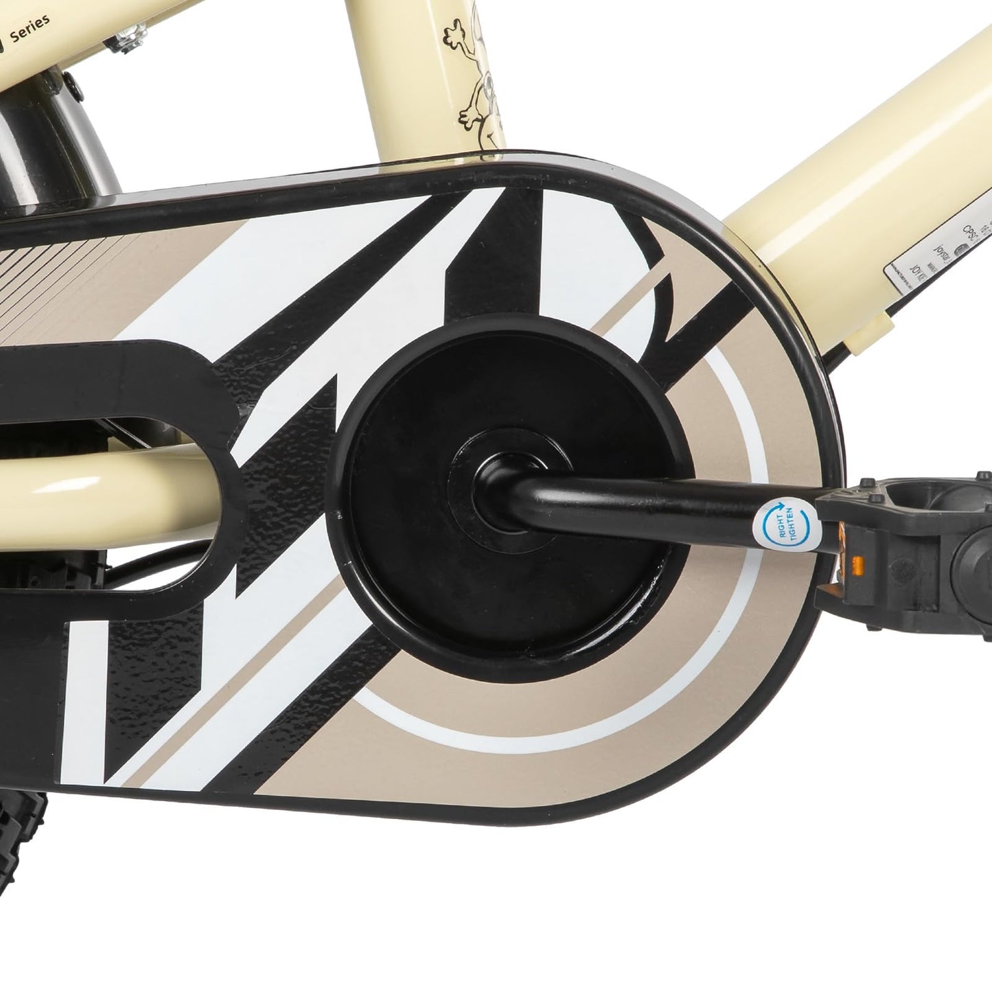 Beige STITCH 16-inch kids bike with stabilizers, designed for boys and girls ages 4-7, showcasing 16-inch wheels.