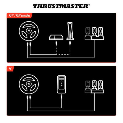 Thrustmaster T98 Ferrari 296 GTB racing wheel and pedals, black, with Ferrari logo, bungee cord tech, and manettino dial for PS5, PS4, PC