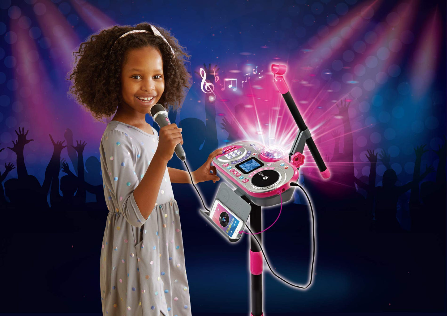 VTech Kidi Super Star DJ kids microphone toy with sound effects, adjustable stand, color-changing disco light, and musical games.