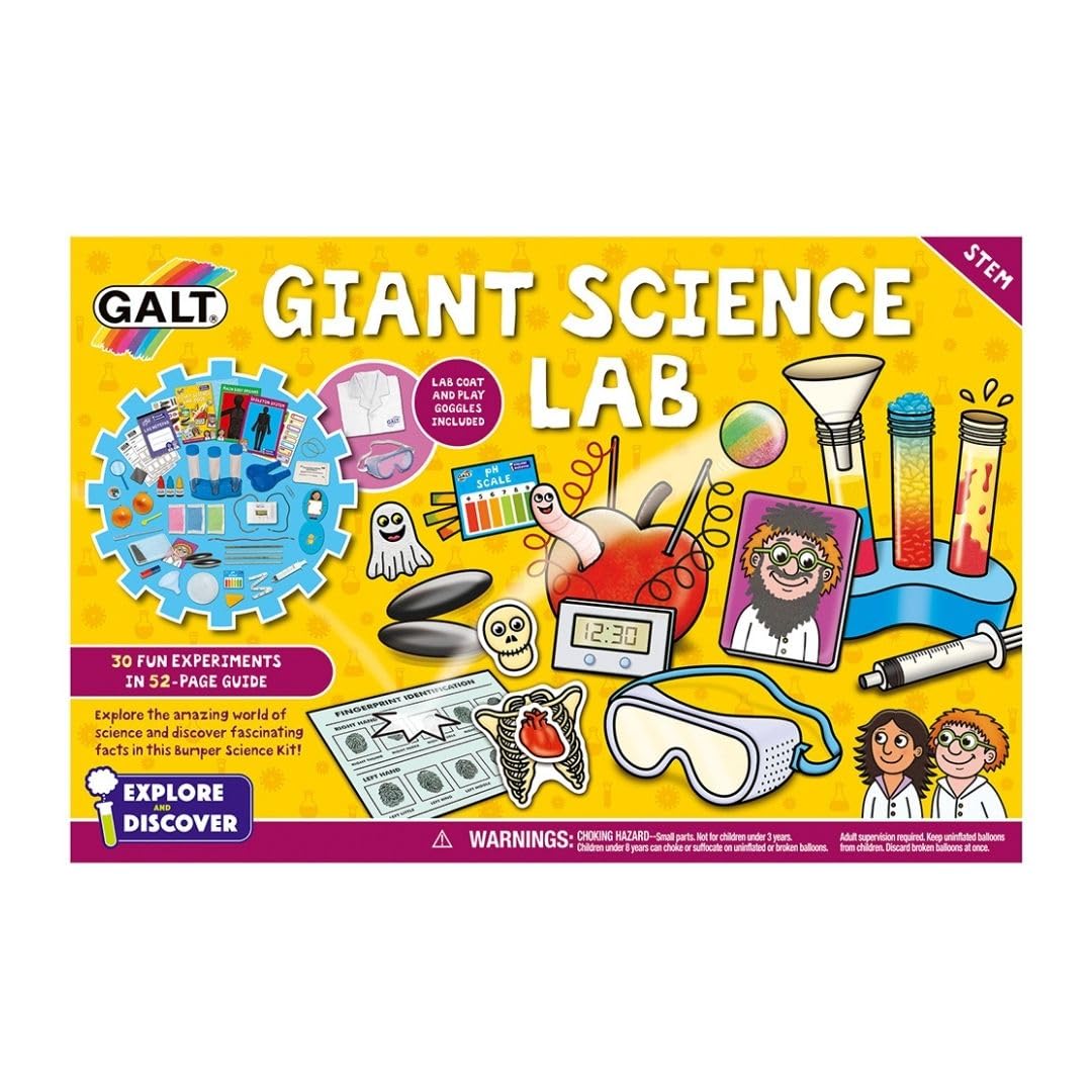 Galt Giant Science Lab kit for kids with lab coat, guide book, and science experiments in chemistry, biology, and physics for ages 6+.