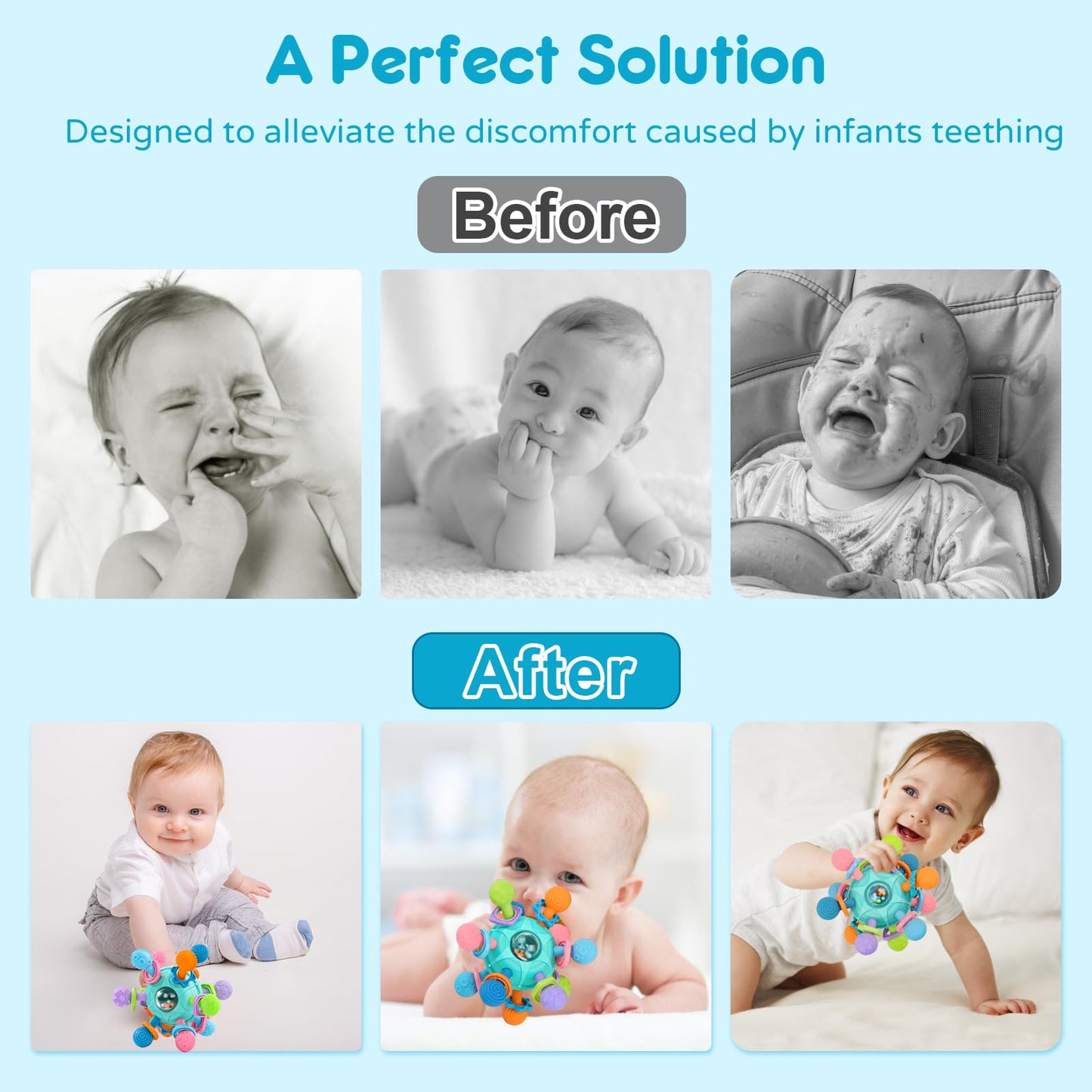Blue Baby Rattle and Teether toy by Kaybolge, sensory Montessori toy for infants 0-12 months, perfect for early grasp and teething.
