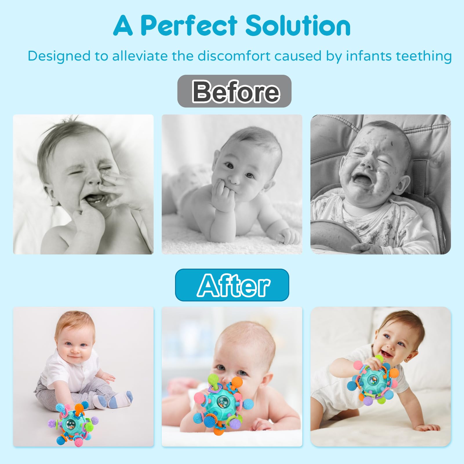 Blue Baby Rattle and Teether toy by Kaybolge, sensory Montessori toy for infants 0-12 months, perfect for early grasp and teething.