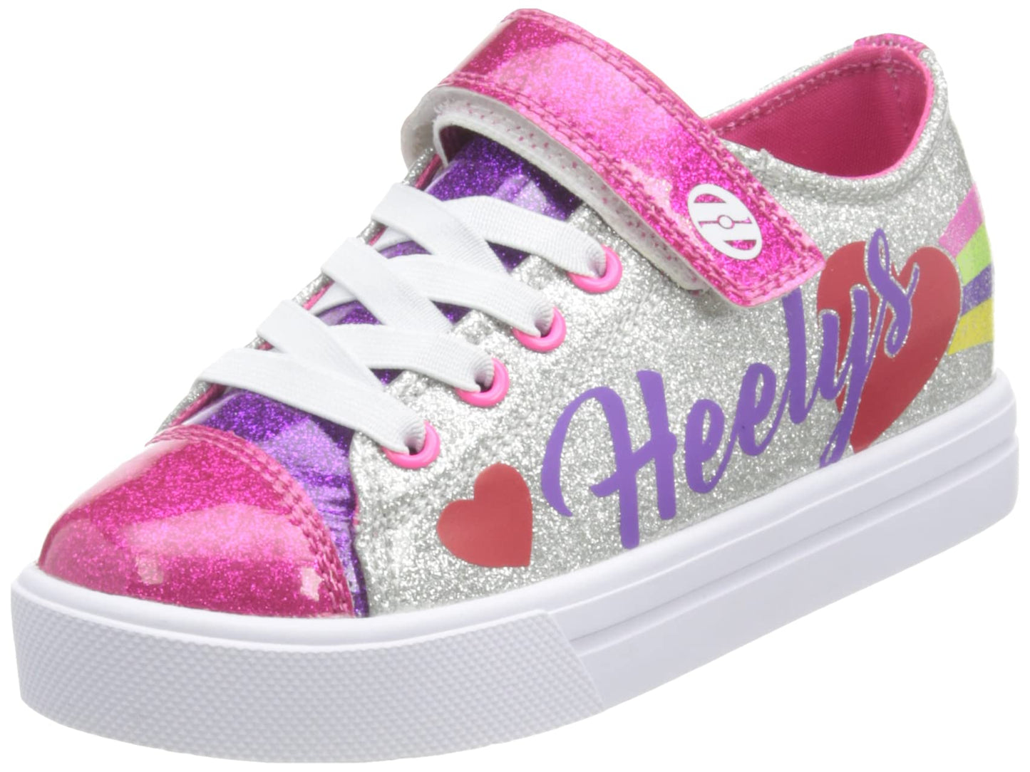 Heelys boys silver rainbow heart sneaker with wheels, size 1 UK, featuring colorful design and casual sport style.