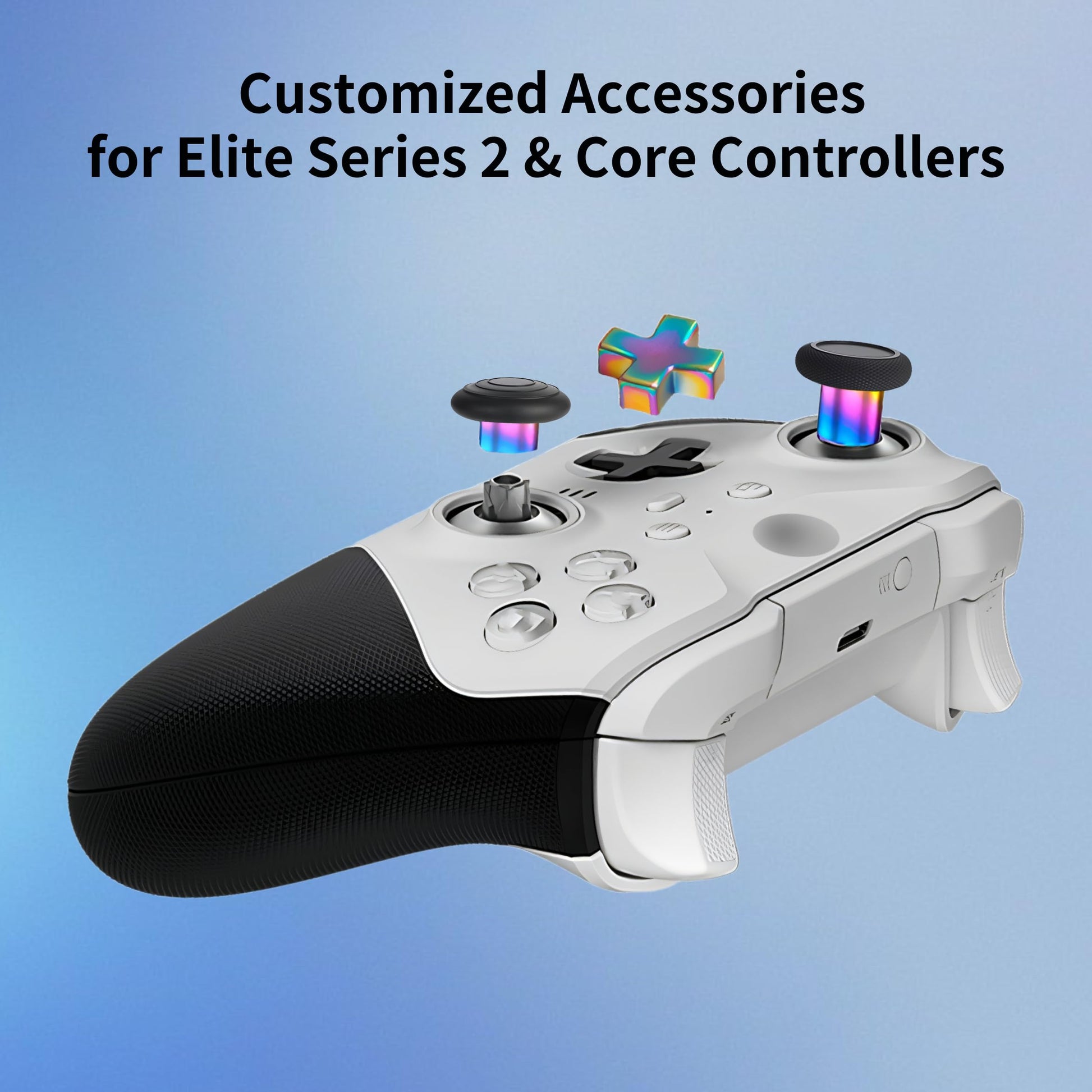 YUNMGALH Elite Series 2 controller accessories kit with rainbow thumbsticks, D-pads, trigger paddles, and storage case for Xbox One.