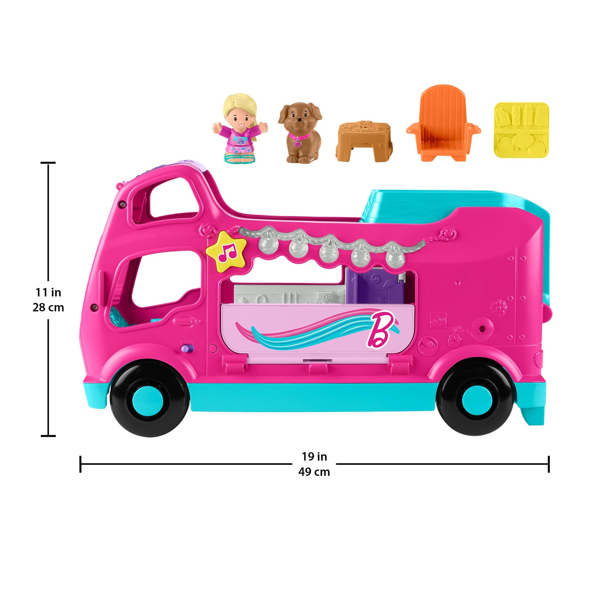 Fisher-Price Little People Barbie Little Dreamcamper RV playset with two figures, music, lights, and colorful details for toddlers