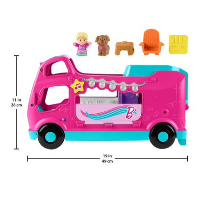 Fisher-Price Little People Barbie Little Dreamcamper RV playset with two figures, music, lights, and colorful details for toddlers
