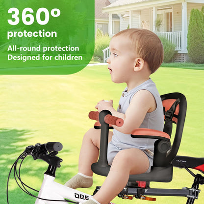 Auvstar kids bike seat mounted on a mountain bike, detachable front seat for children aged 1-3, with 360° rotation for safety and comfort.