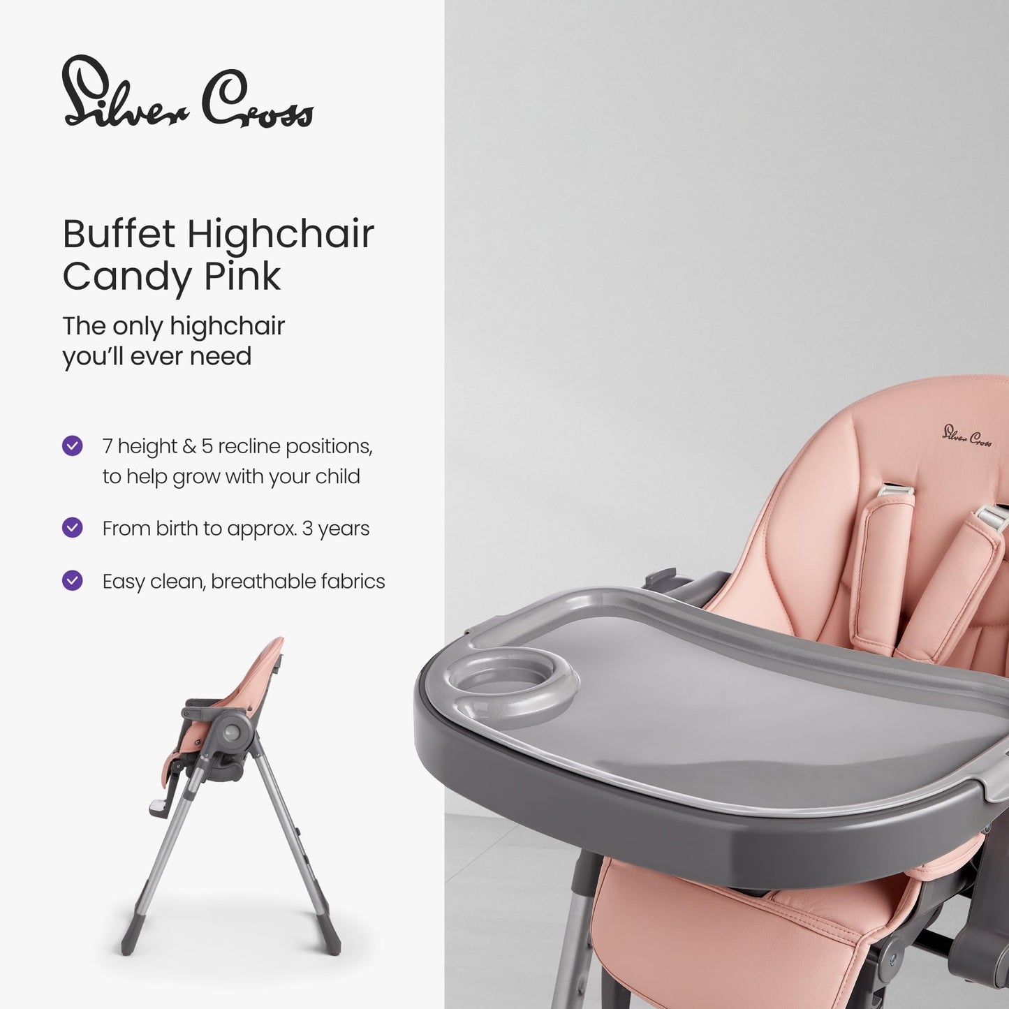 Silver Cross - Buffet Highchair with Silicone Tray - Baby Chair - Portable Highchair - Newborns to 3 Years - Pink