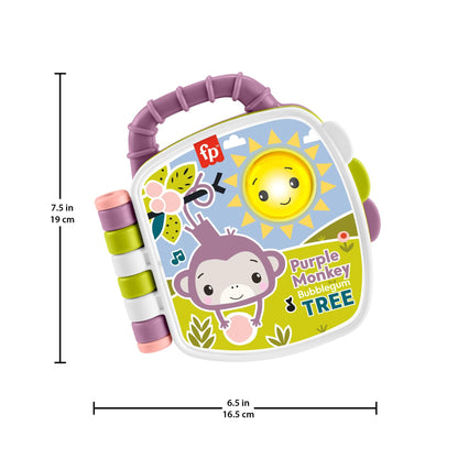 Fisher-Price baby toy purple monkey musical storybook with lights and sounds for infants and toddlers ages 6 months and up.