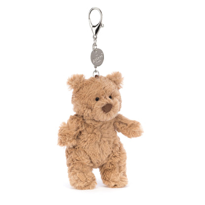 Jellycat Bartholomew Bear bag charm, soft plush bear with a keychain, measuring 5x6x12 cm, in a cute sitting pose.