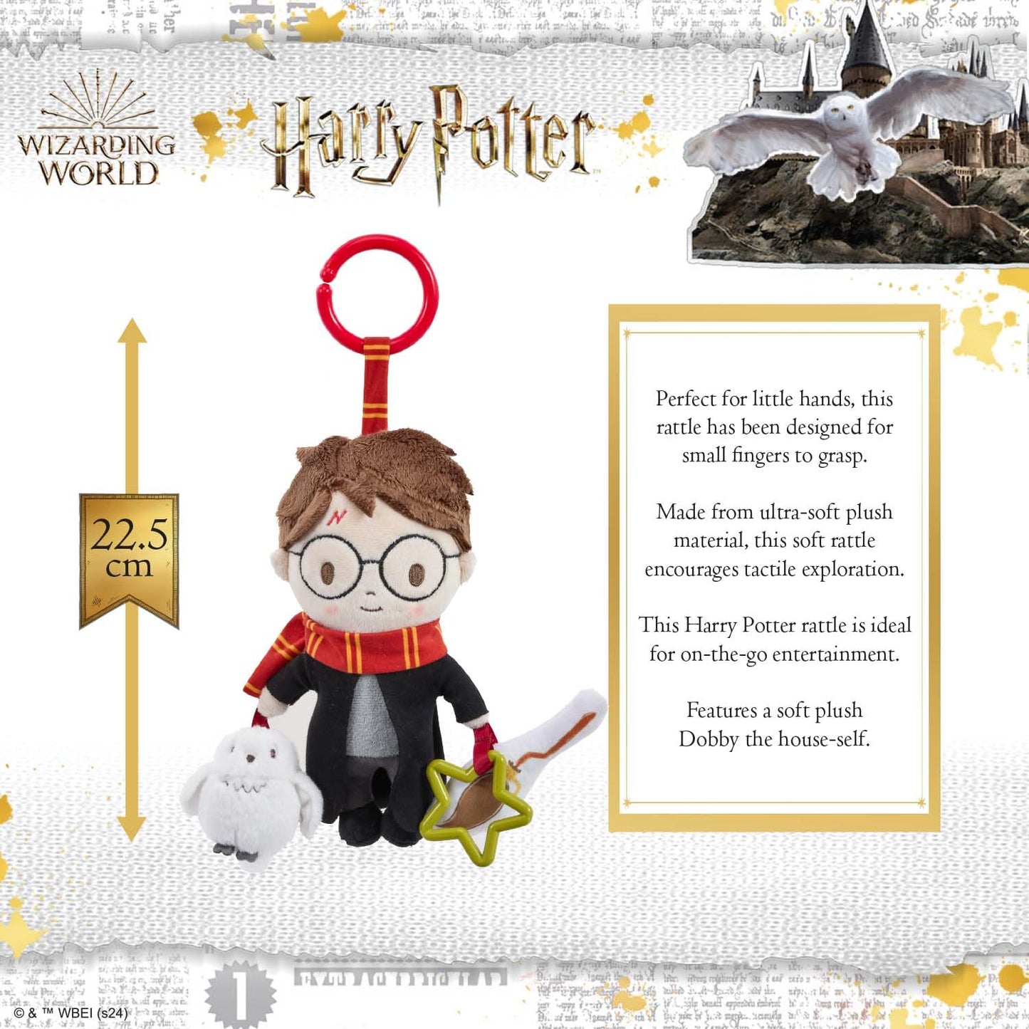 Harry Potter on the Go activity toy by Rainbow Designs featuring a clip-on pram and pushchair toy with squeaky owl and crinkle broomstick for babies