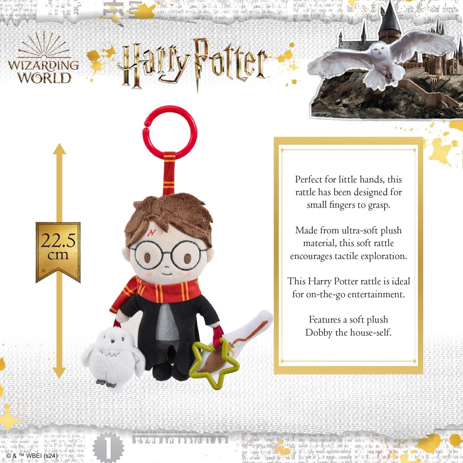 Harry Potter on the Go activity toy by Rainbow Designs featuring a clip-on pram and pushchair toy with squeaky owl and crinkle broomstick for babies
