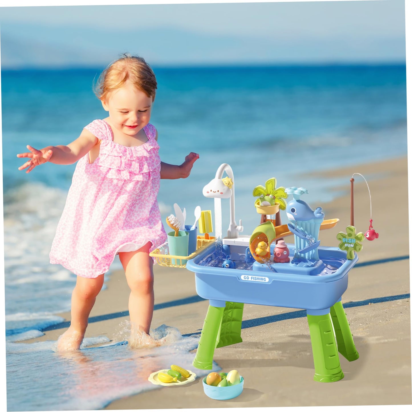 Huraoerrrr Water Table for Toddlers 1-3, Kids Electric Play Sink with Running Water, Removable Table Legs, 180° Rotating Faucet for Park, Nursery, Garden