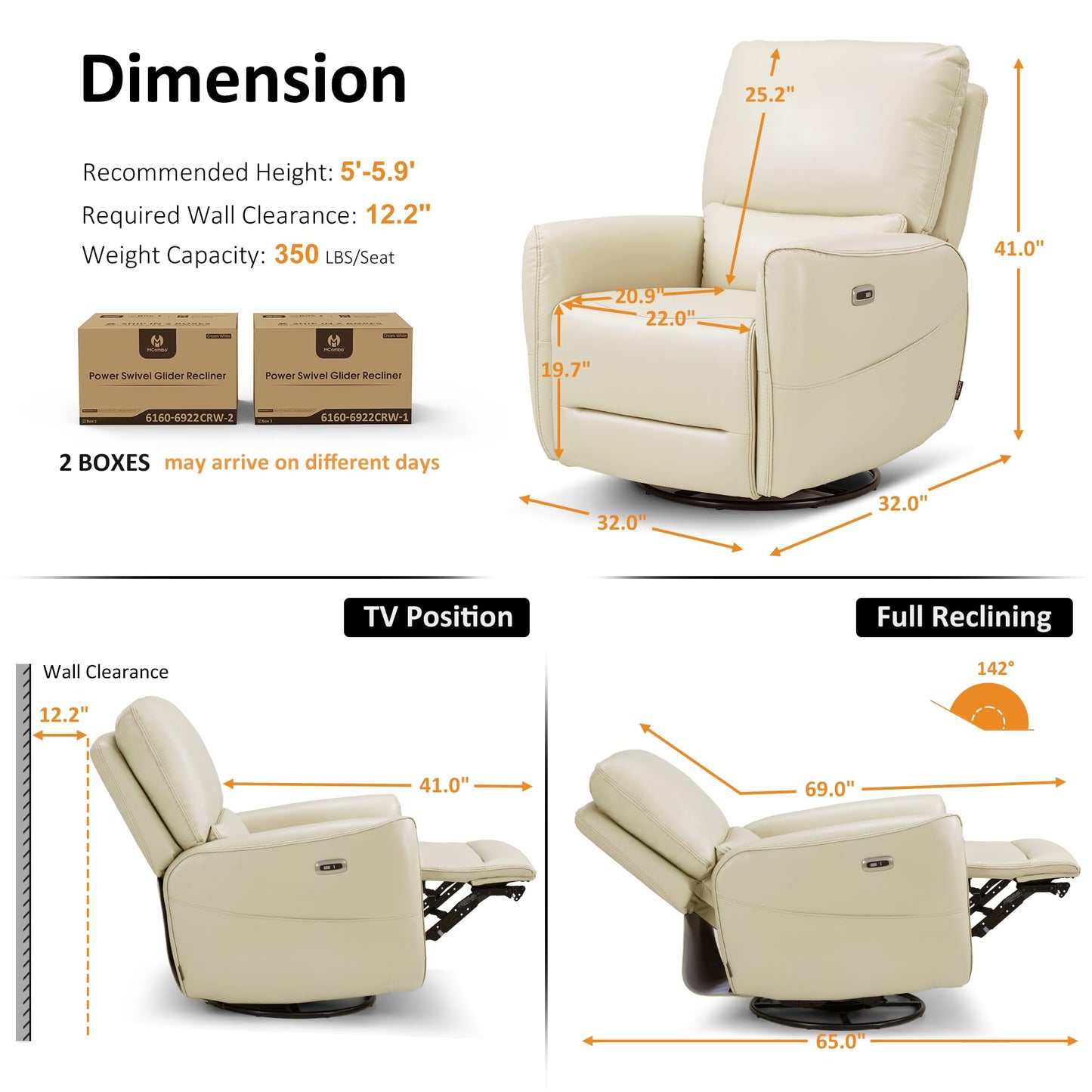 MCombo Electric Recliner Armchair, Swivel, Rocking, Reclining Chair with Lumbar Support, Nursing Chair Glider Recliner for Small Space, Living Room, Faux Leather 6922 (Cream White)