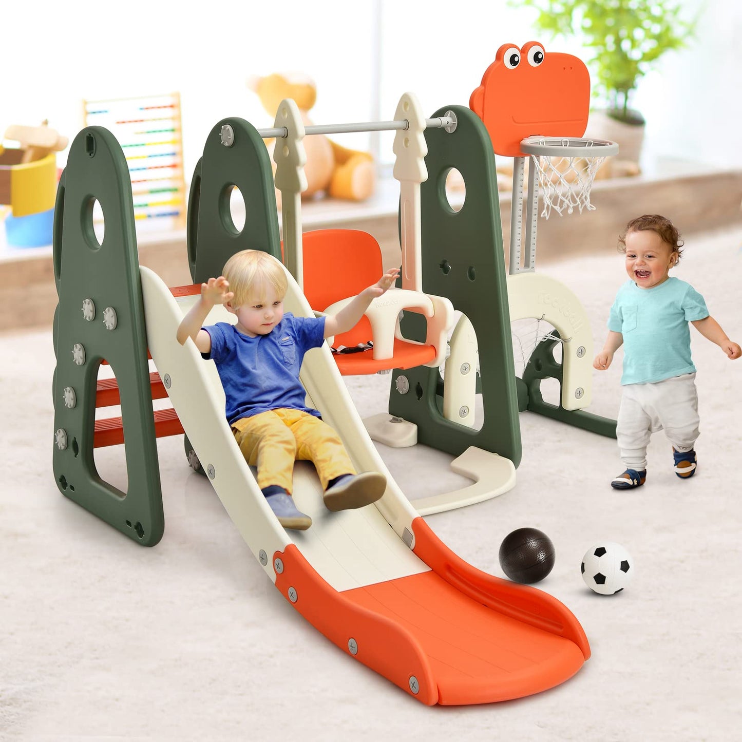 COSTWAY 6 in 1 Toddler Slide and Swing Set, Kids Climber Playset with Adjustable Basketball Hoop, Football Goal and Golf Hole, Children Activity Center for Indoor