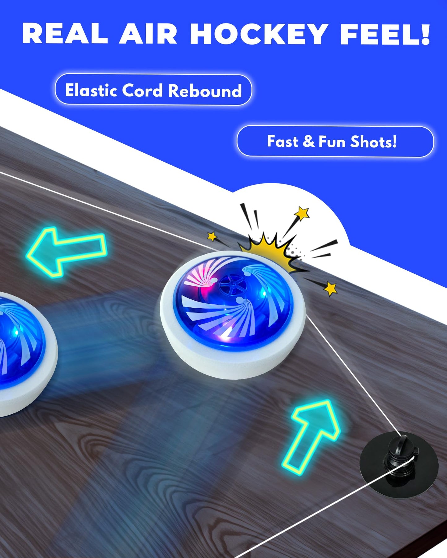 Rechargeable Tabletop Air Hockey – Elastic Rope Rebound Boundaries with Adjustable Size, 2–4 Player Indoor Hockey Game with LED Pucks, Fun Party & Gift Idea