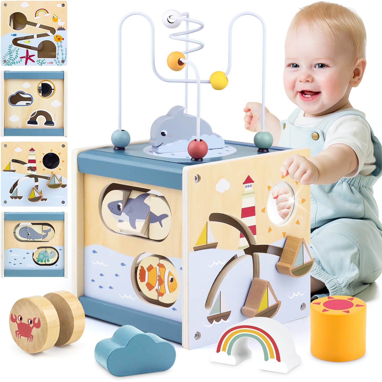 Airlab wooden activity cube with bead maze, shape sorter, and sensory features for 1-year-old children, Montessori educational toy.